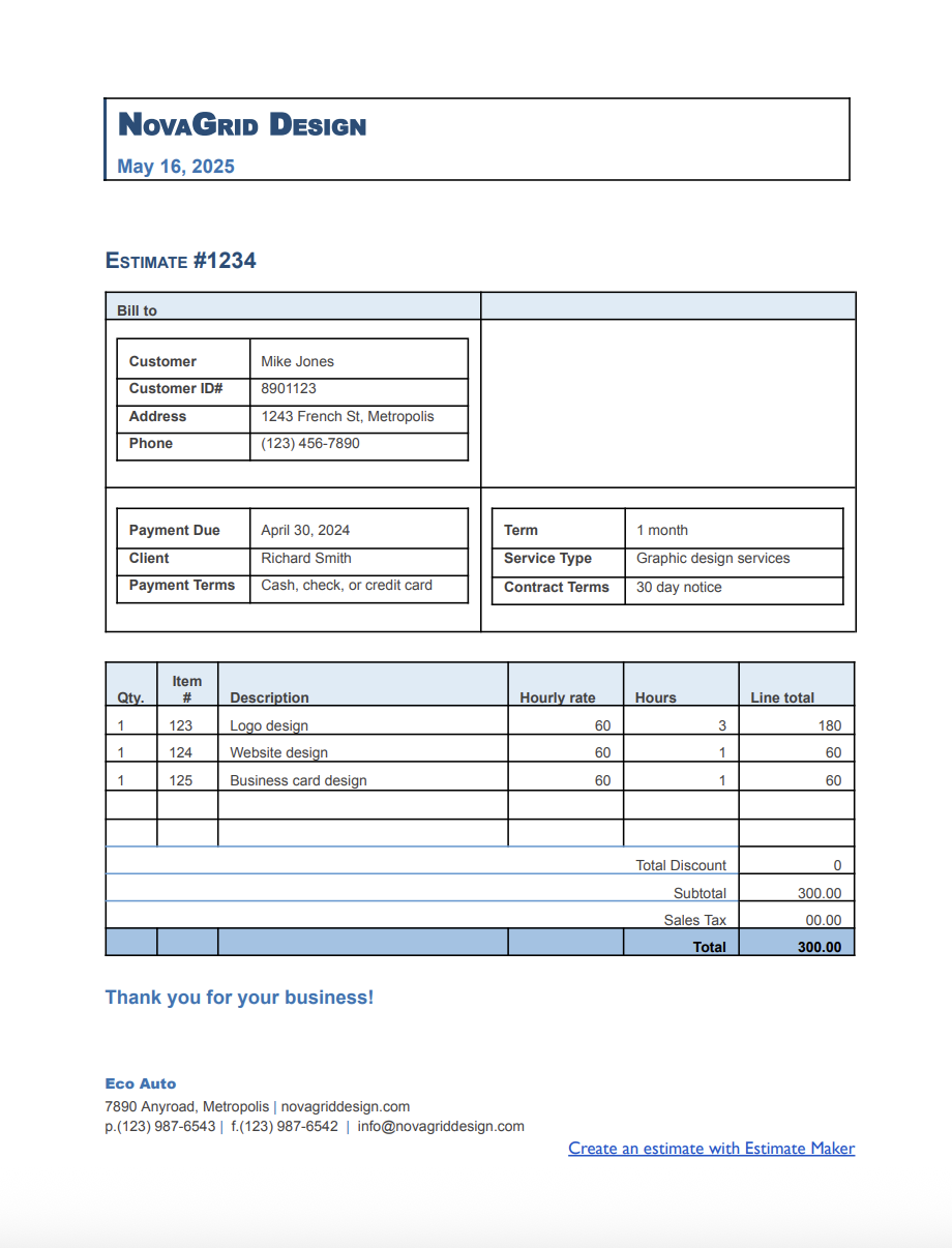Free graphic design estimate template