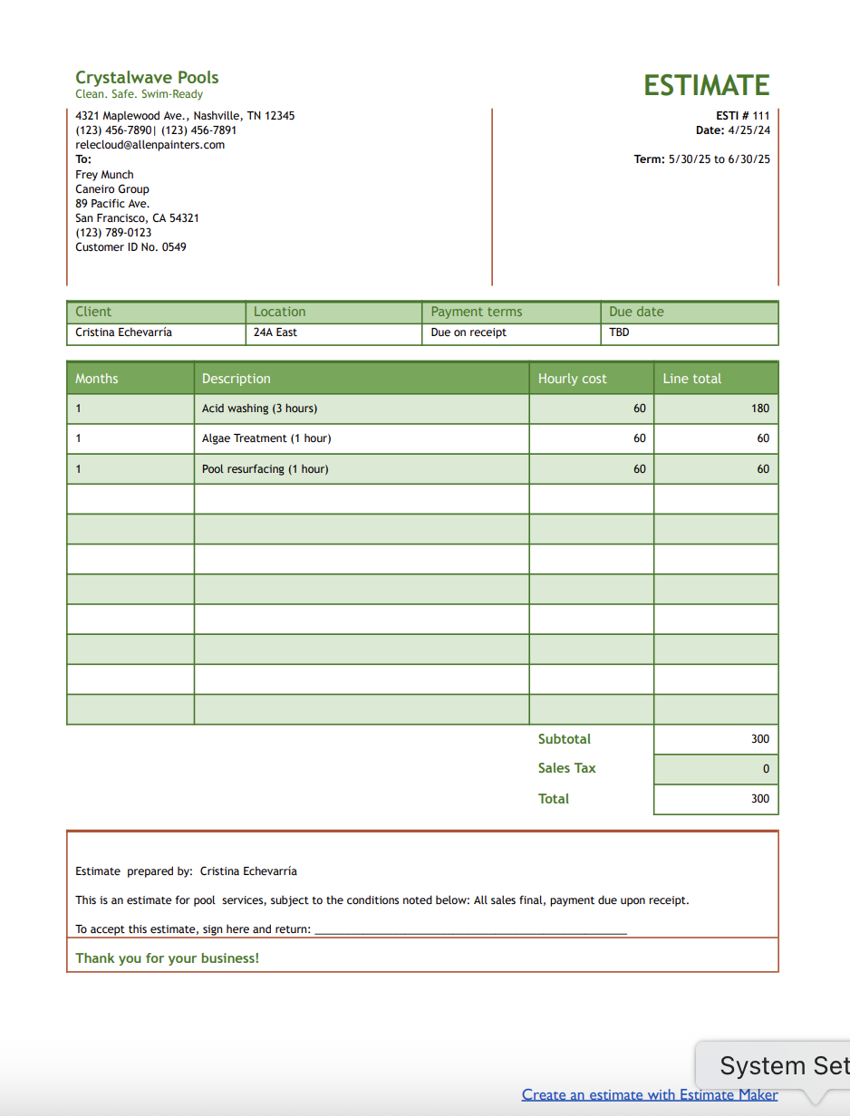 Free pool estimate template