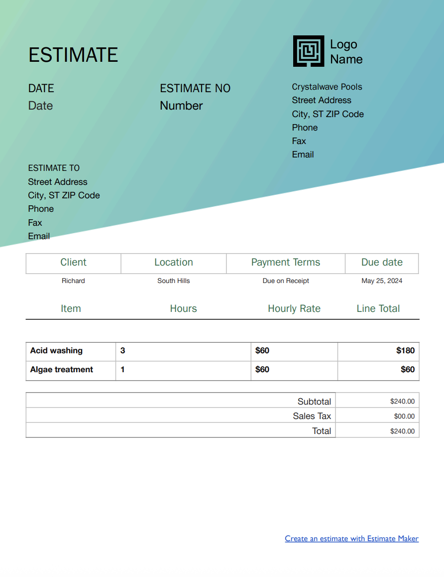 Free pool estimate template