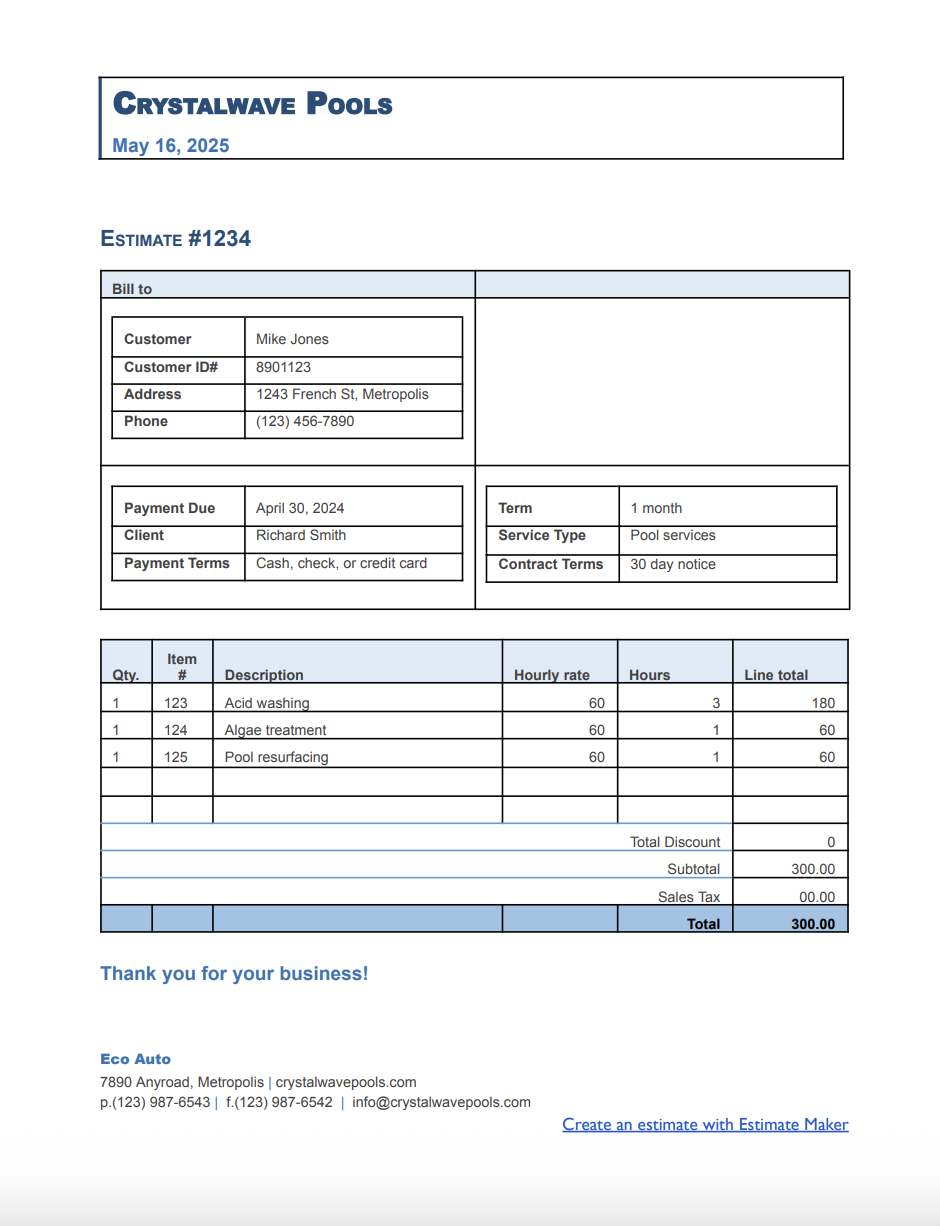 Free pool estimate template
