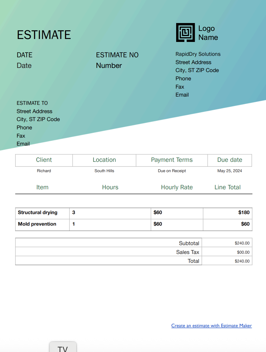Free water damage estimate template
