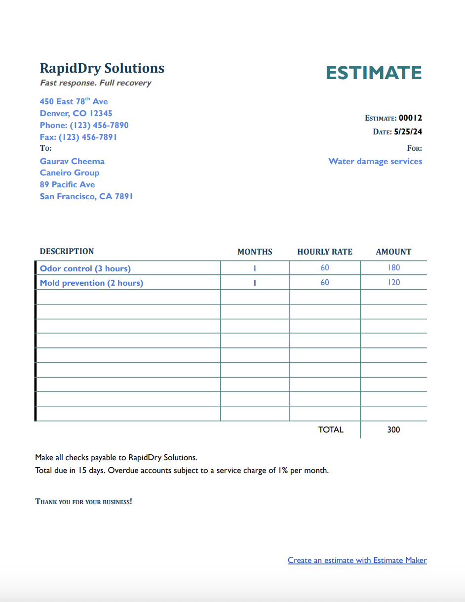 Free water damage estimate template