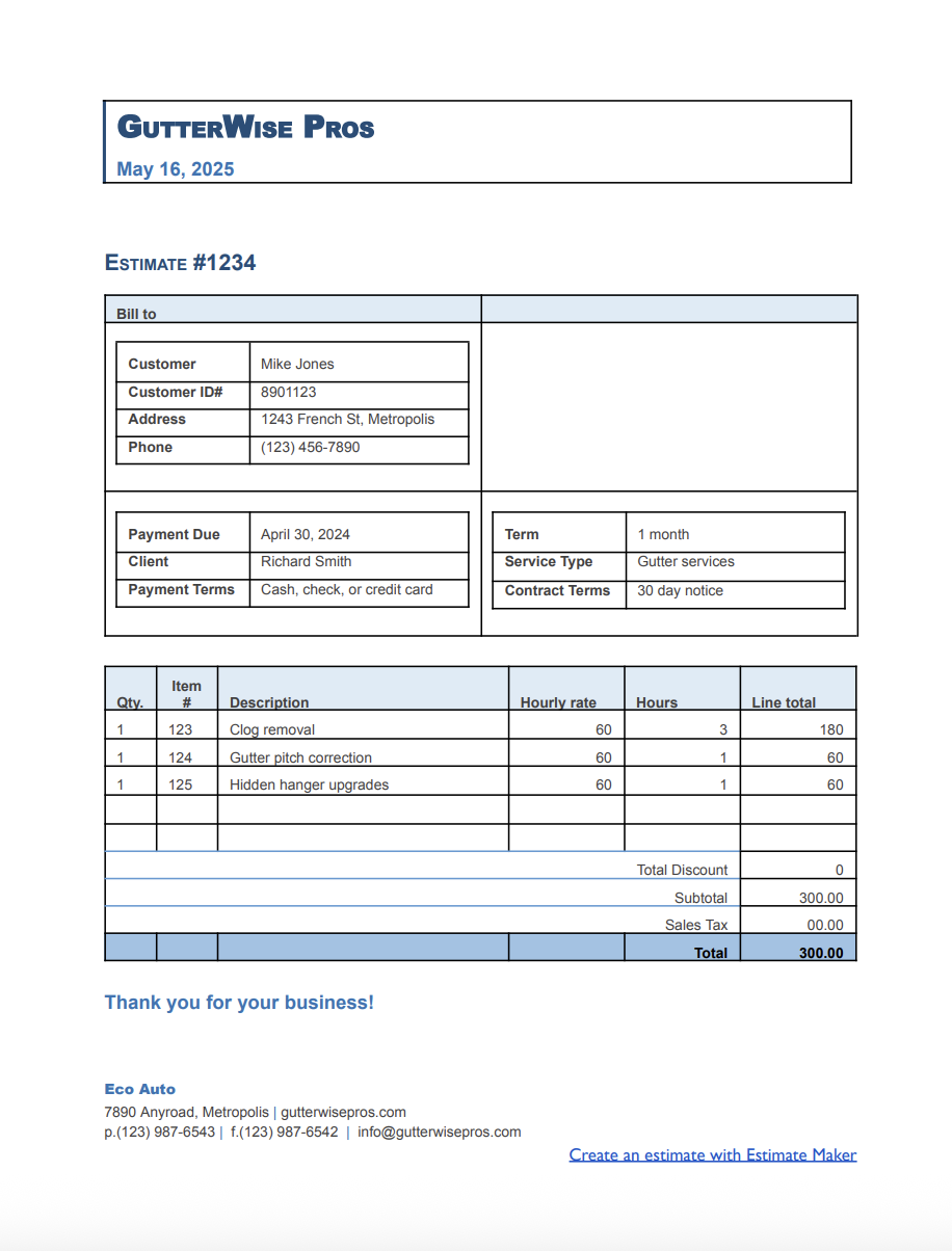 Free gutter estimate template