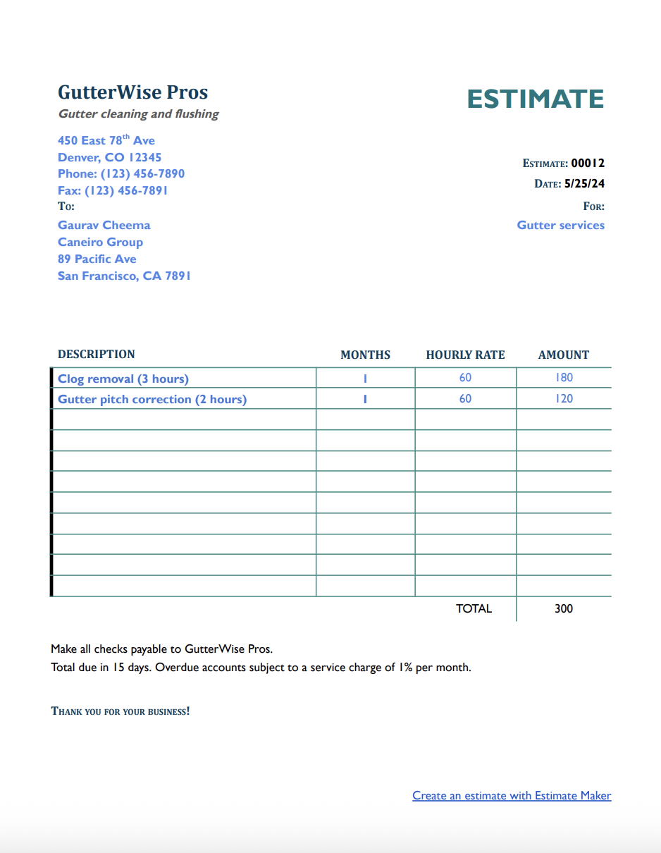 Free gutter estimate template