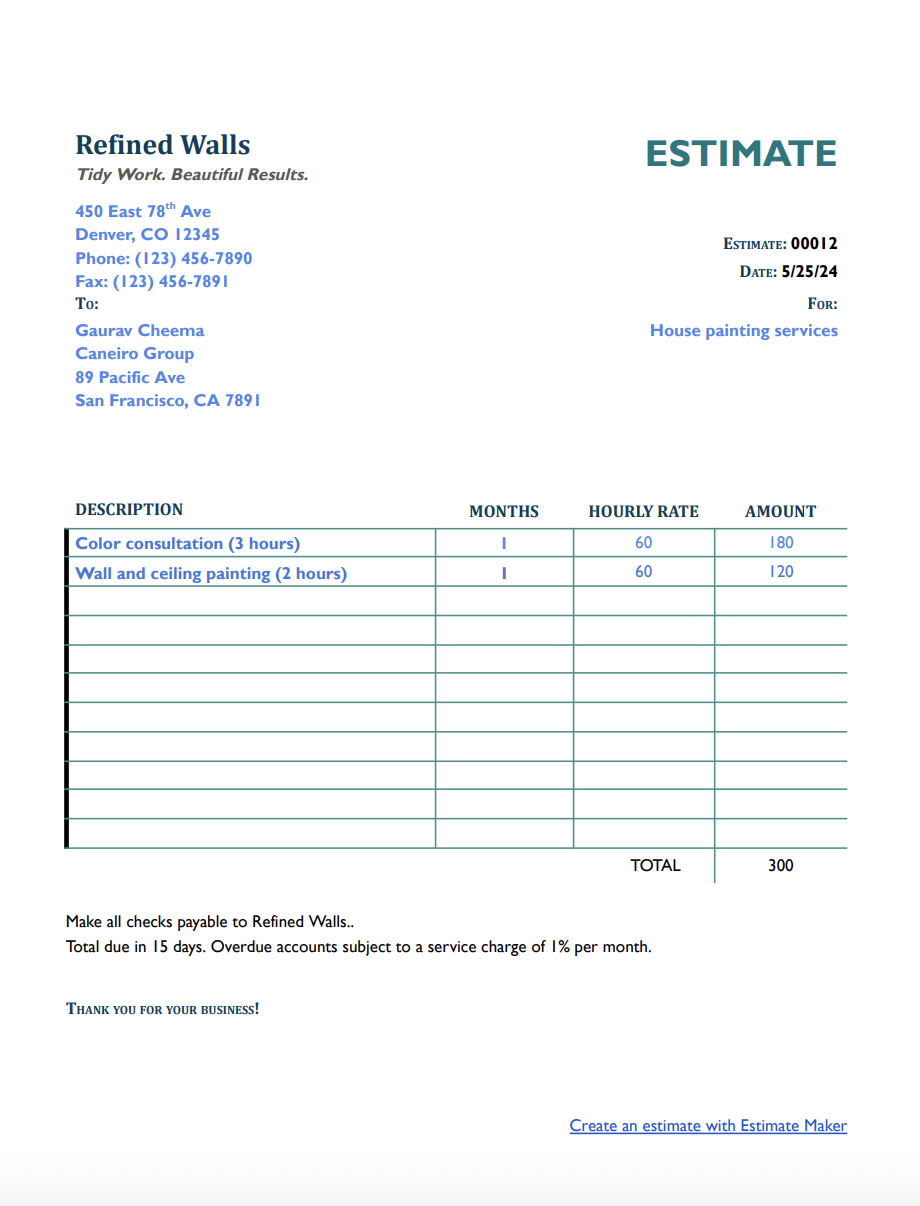 Free house painting estimate template