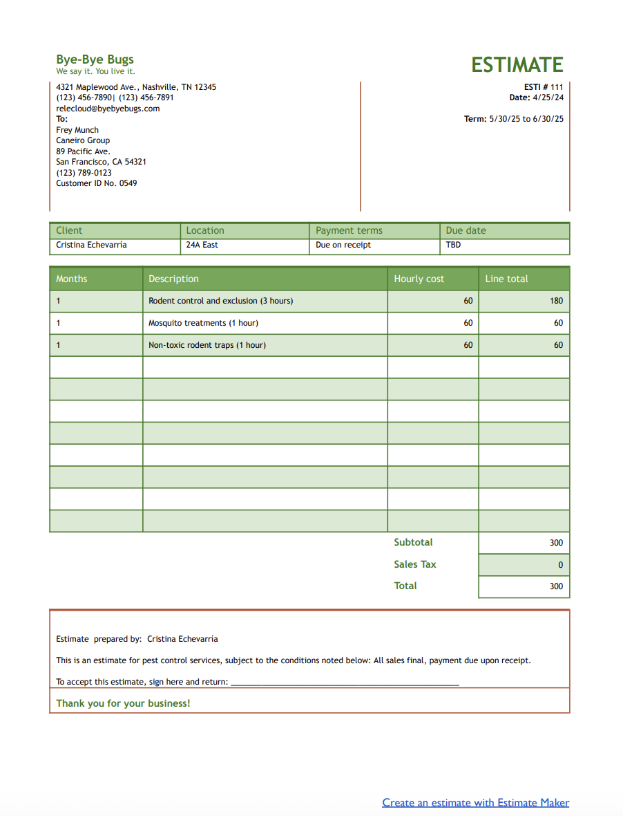 Free pest control estimate template