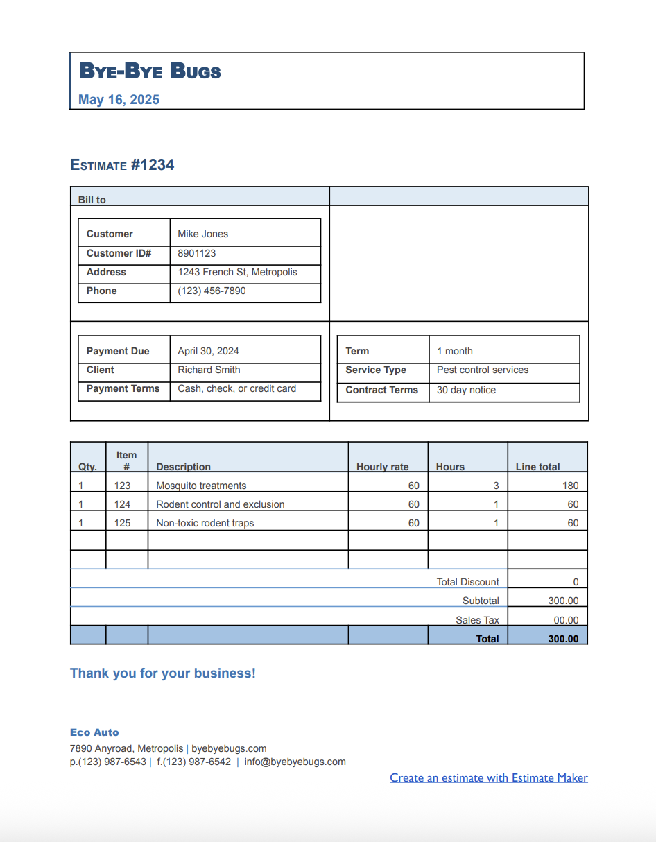 Free pest control estimate template