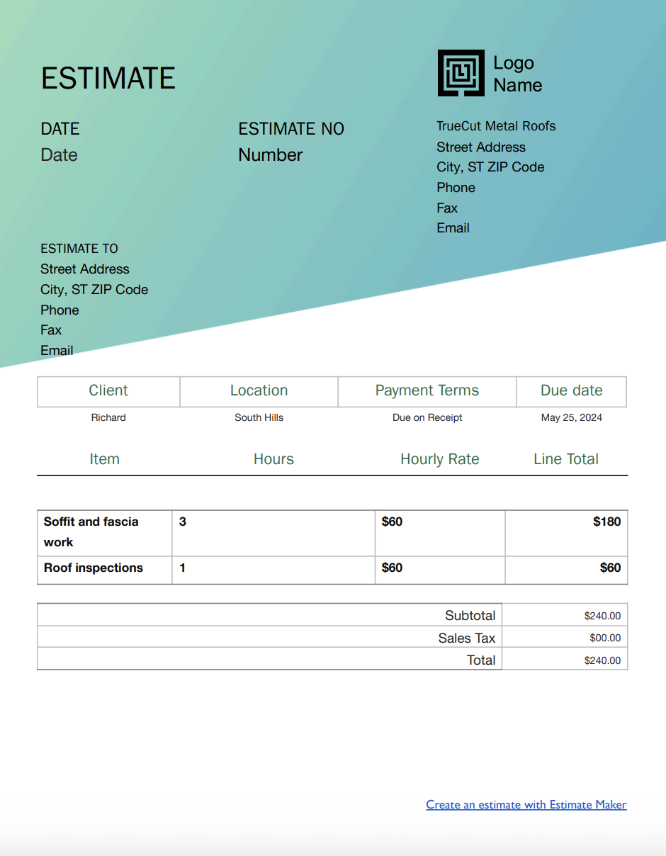 Free metal roofing estimate template