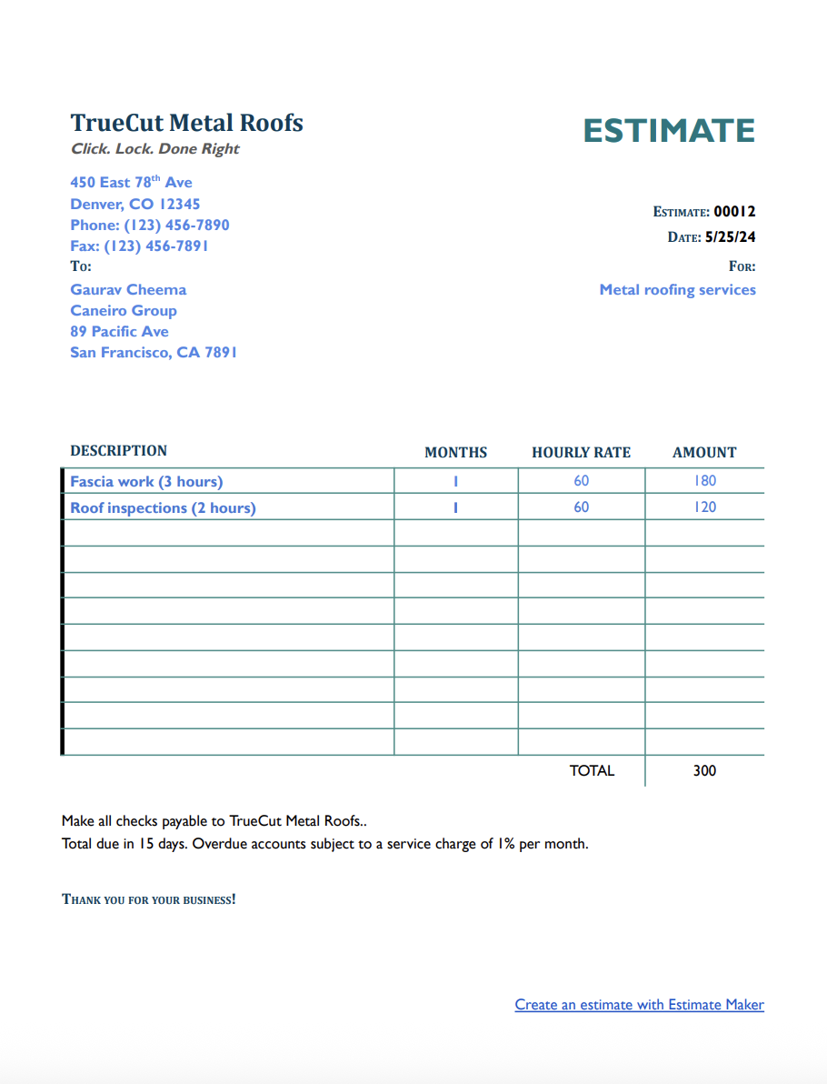 Free metal roofing estimate template