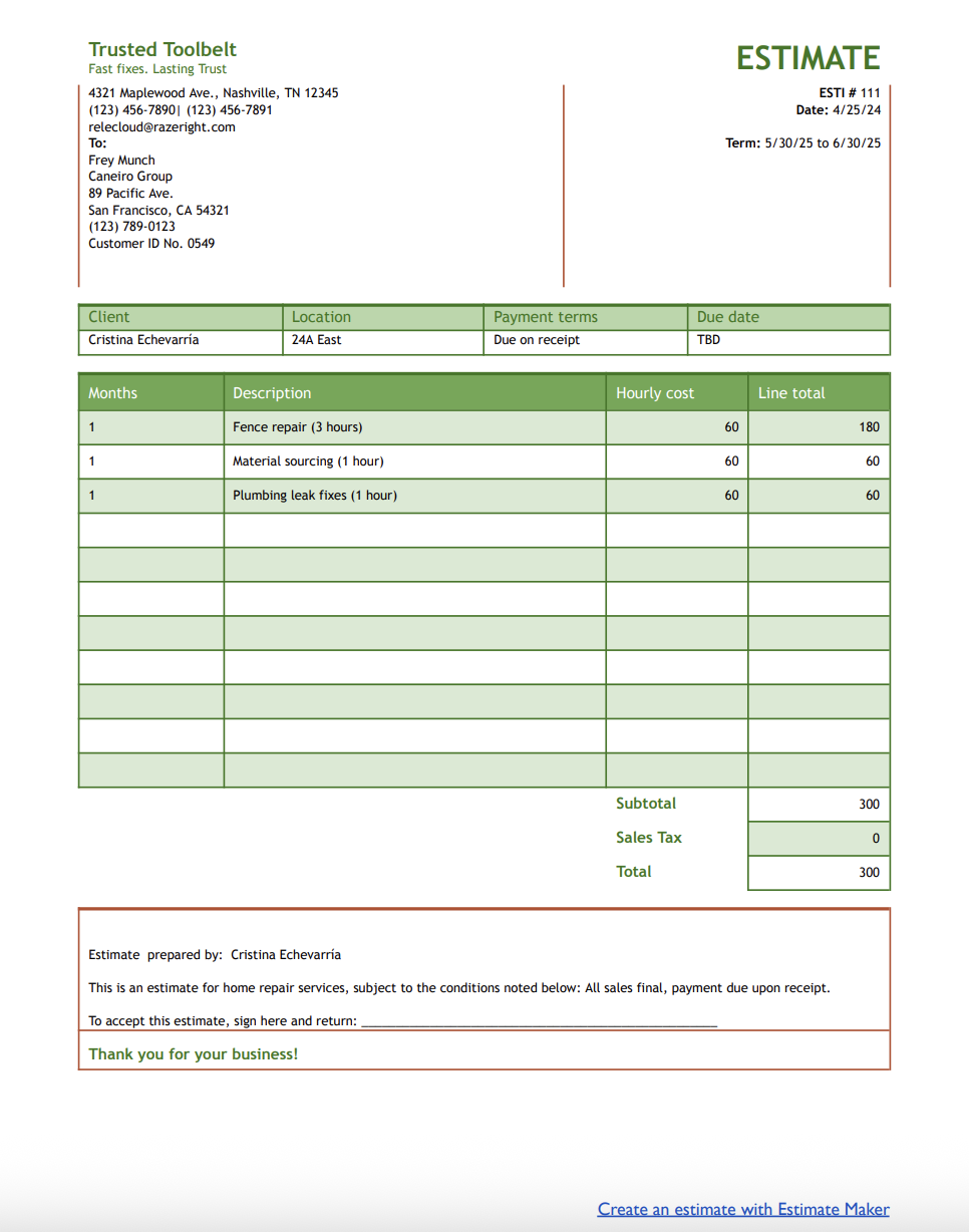 Free home repair estimate template