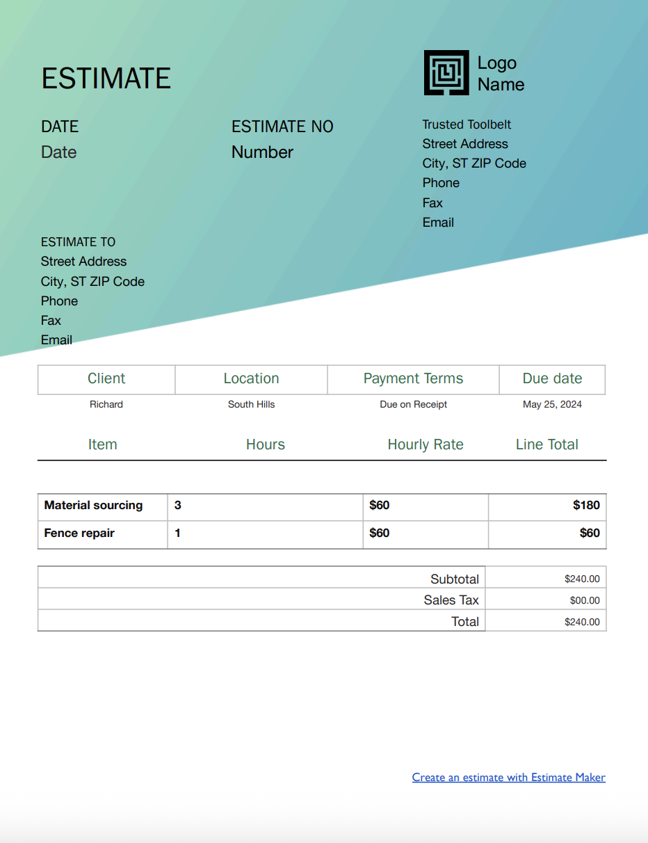 Free home repair estimate template