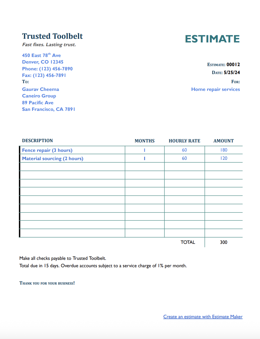 Free home repair estimate template