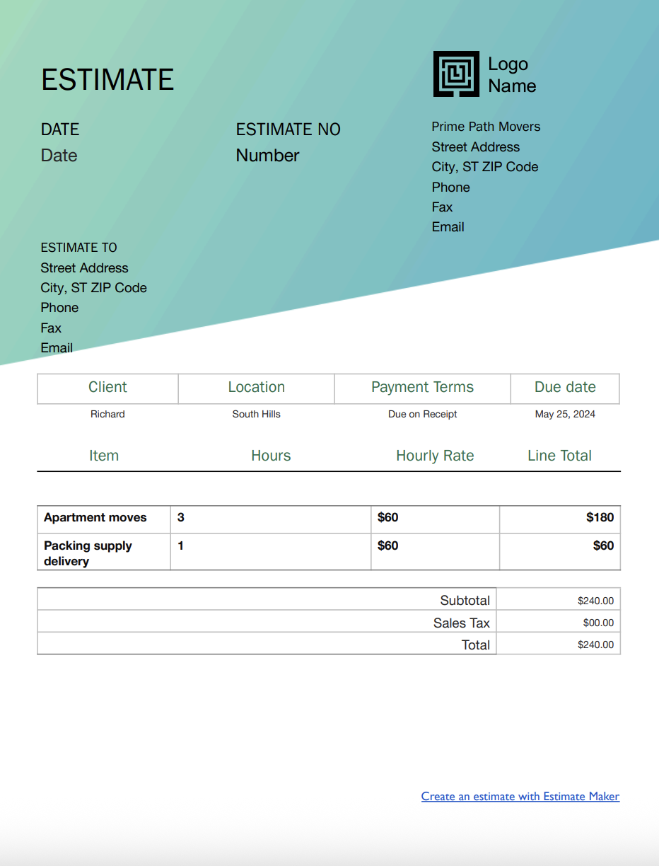 Free moving estimate template