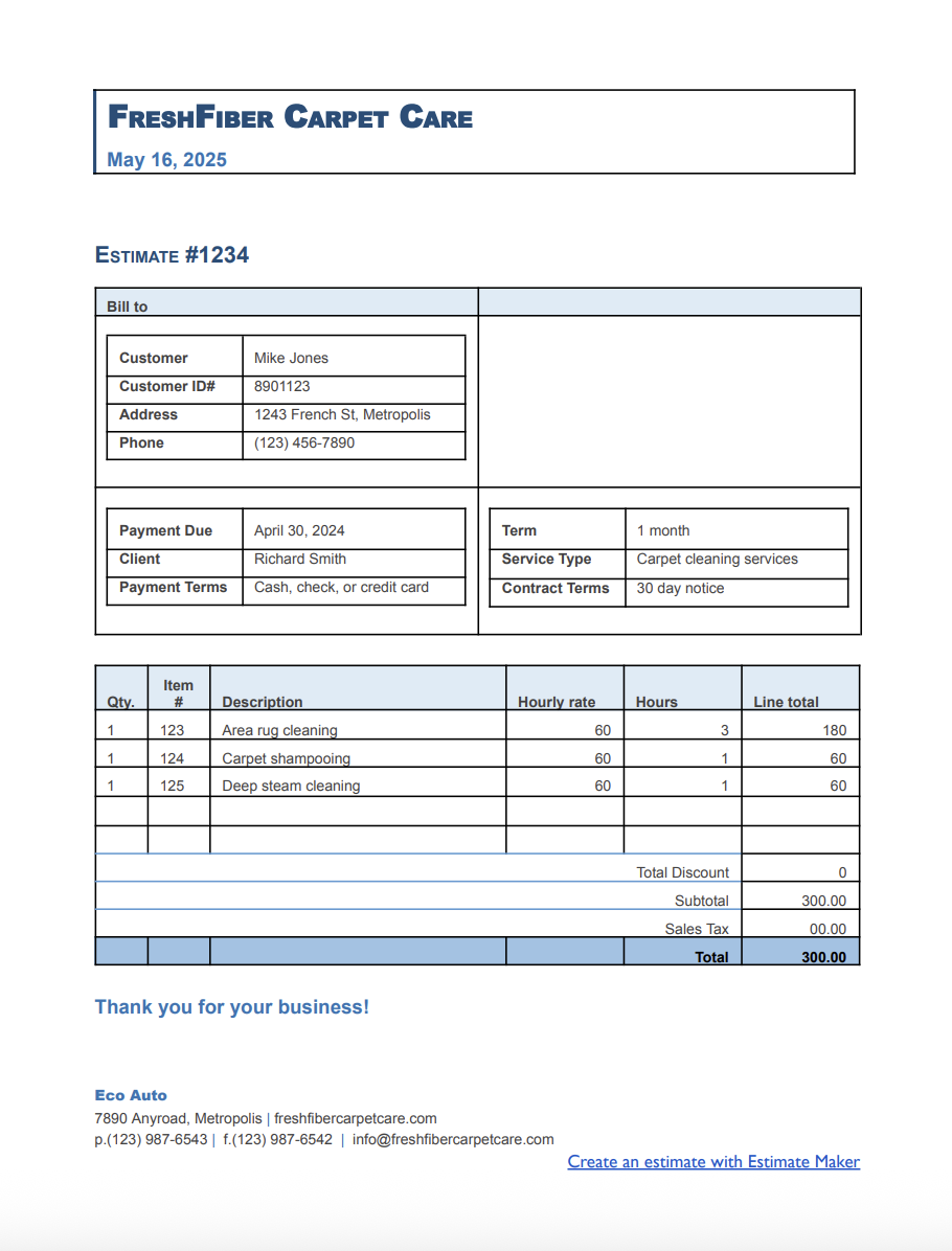Free carpet cleaning estimate template