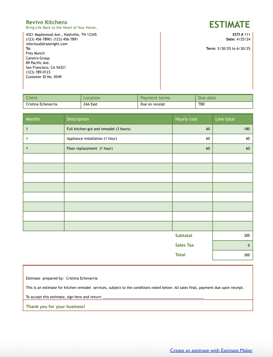 free kitchen remodel estimate template