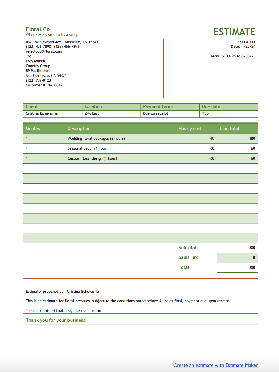 free florist estimate template
