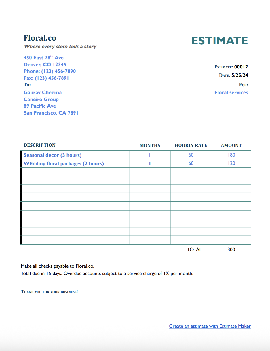 Free florist estimate template