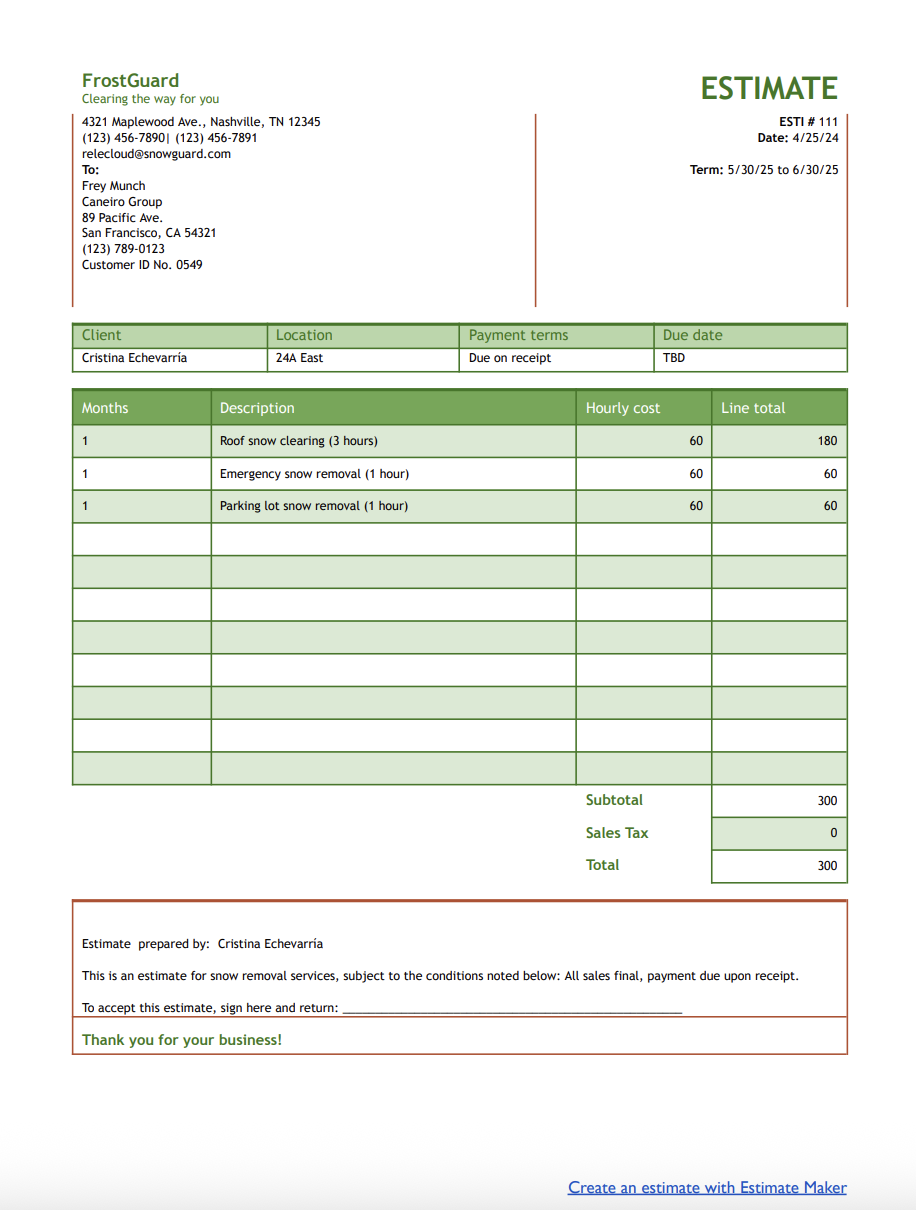 free snow removal estimate template