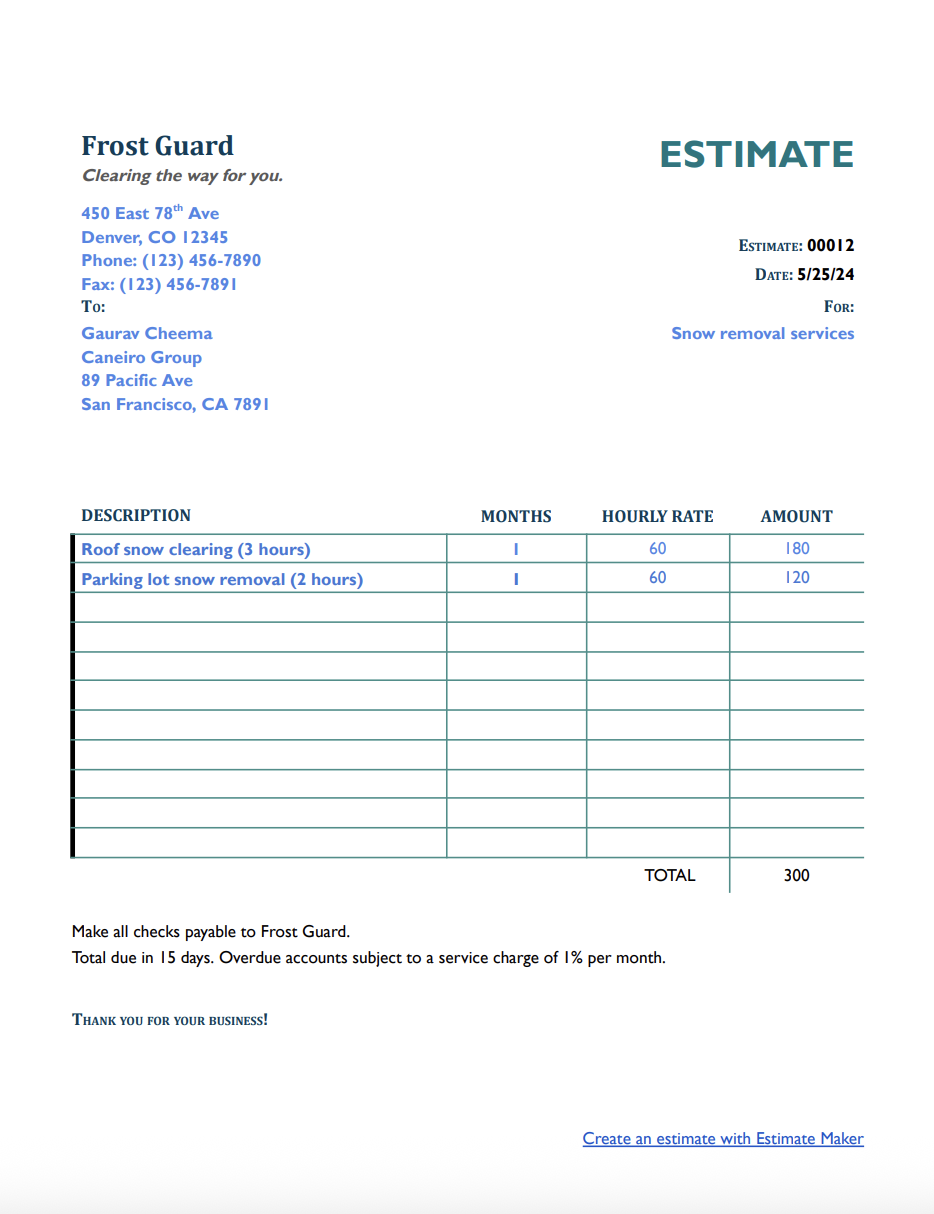 Free snow removal estimate template