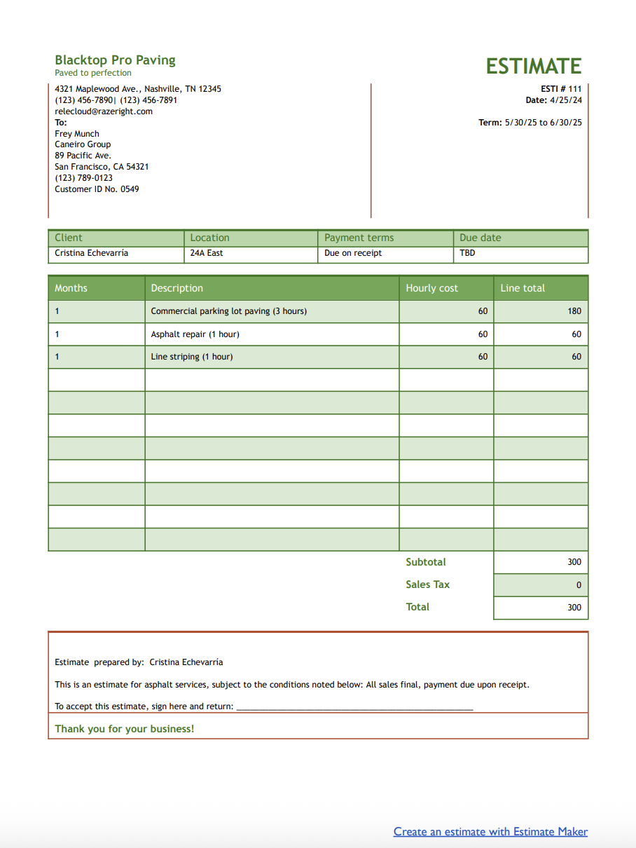 free asphalt estimate template