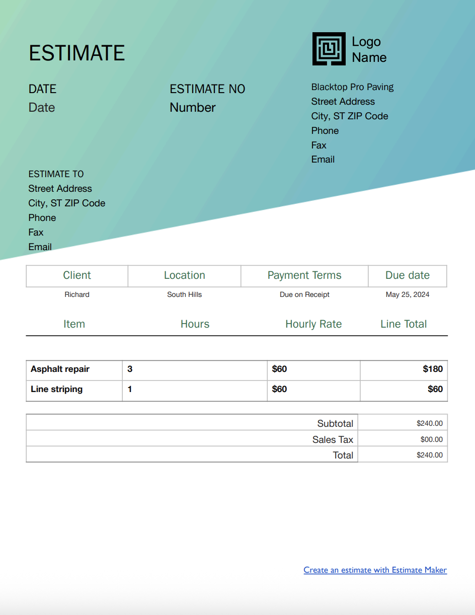 Free asphalt estimate template
