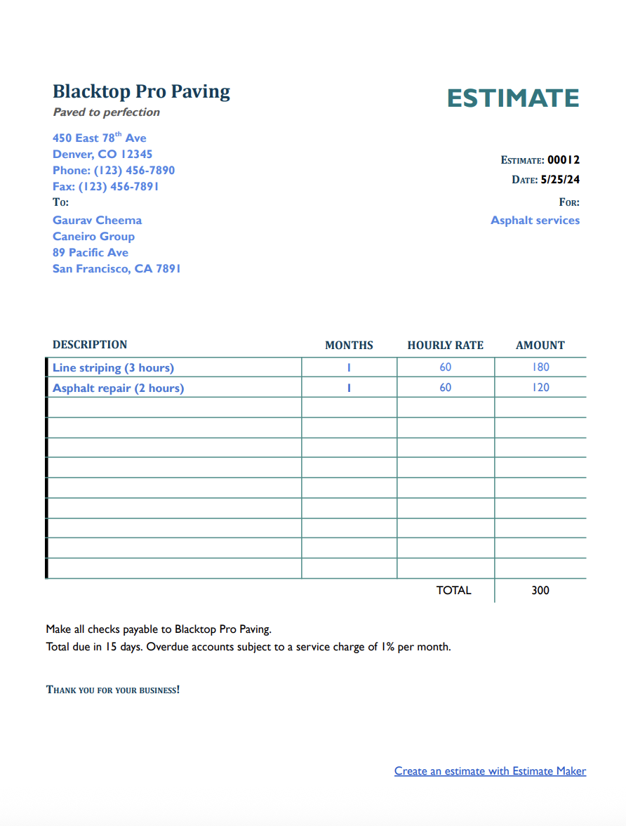 Free asphalt estimate template