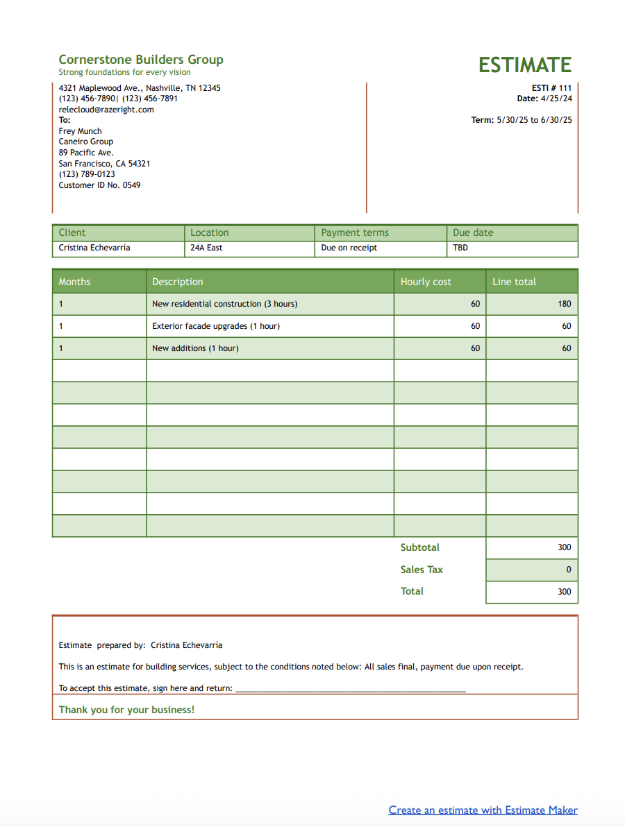 free building estimate template