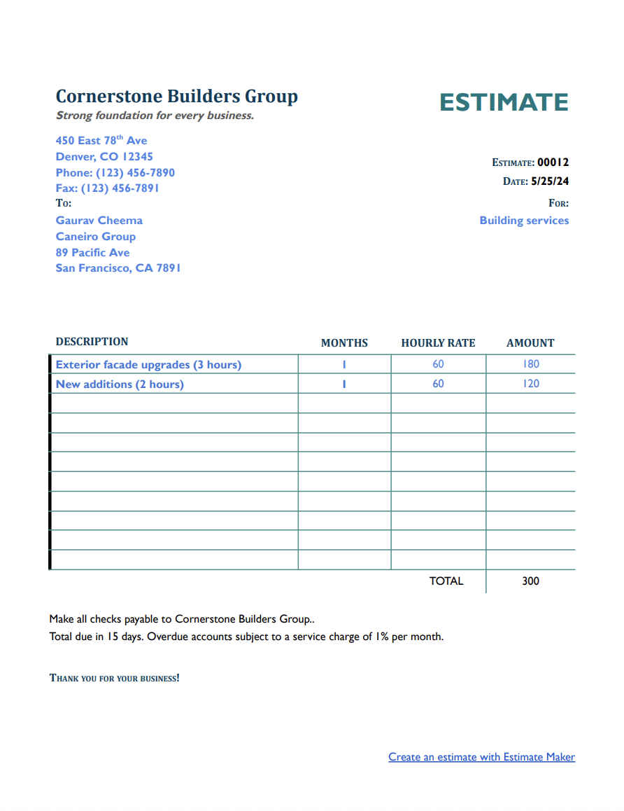 Free building estimate template