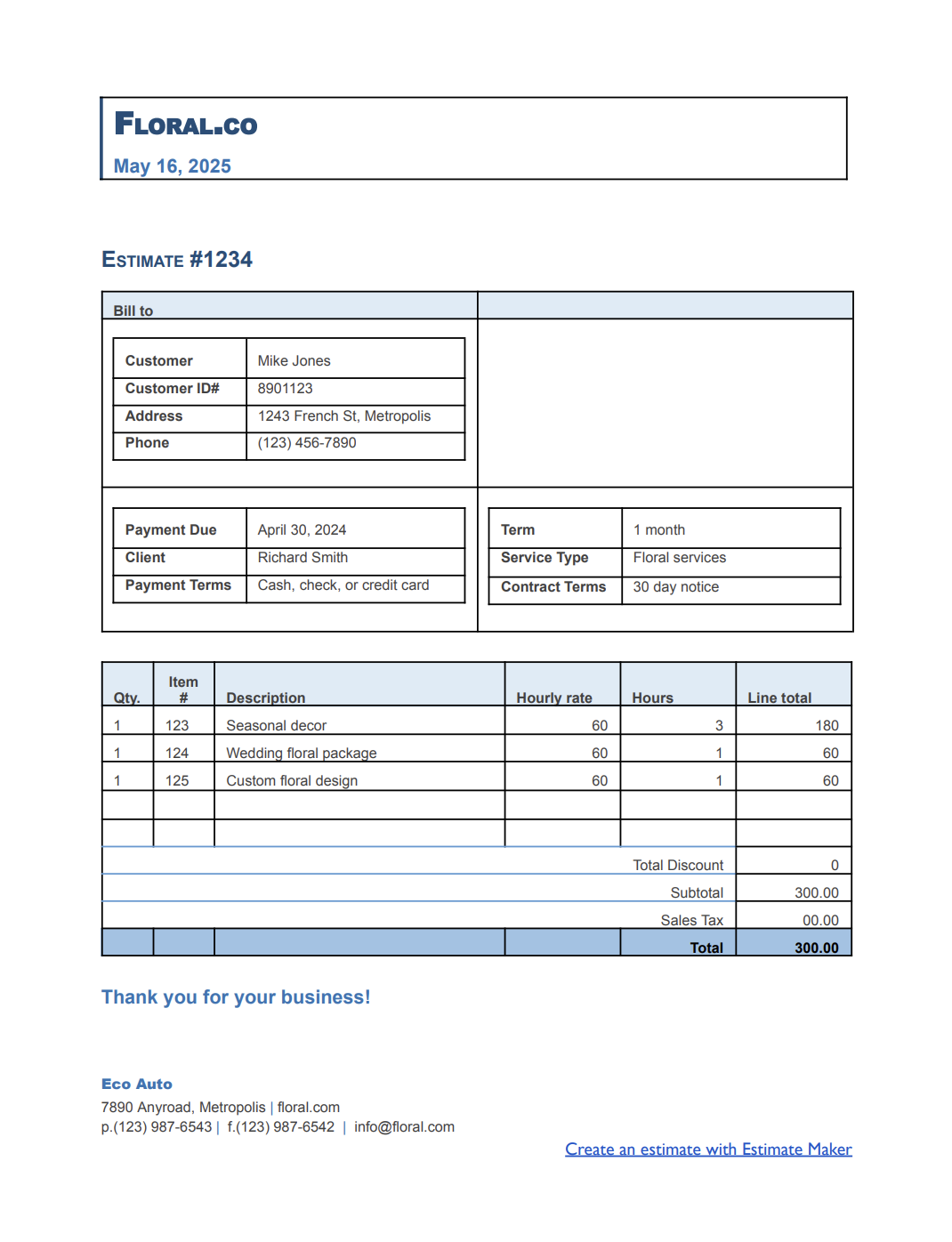 Free florist estimate template