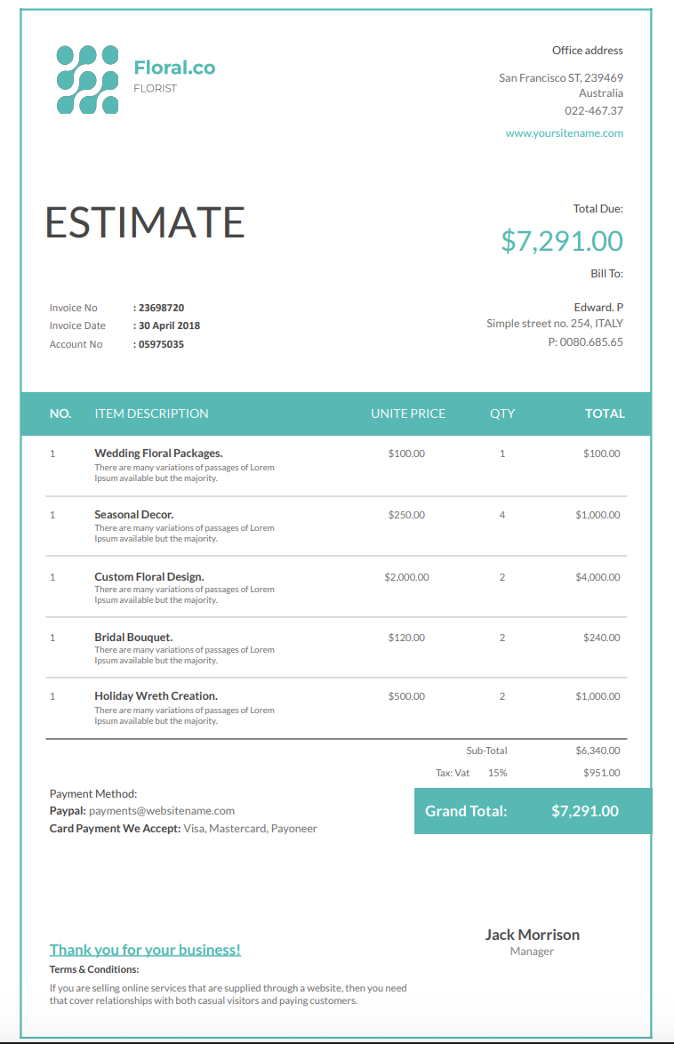 Free florist estimate template
