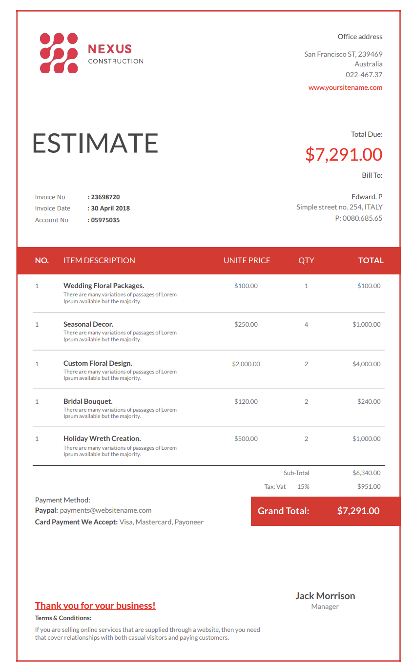 Free florist estimate template
