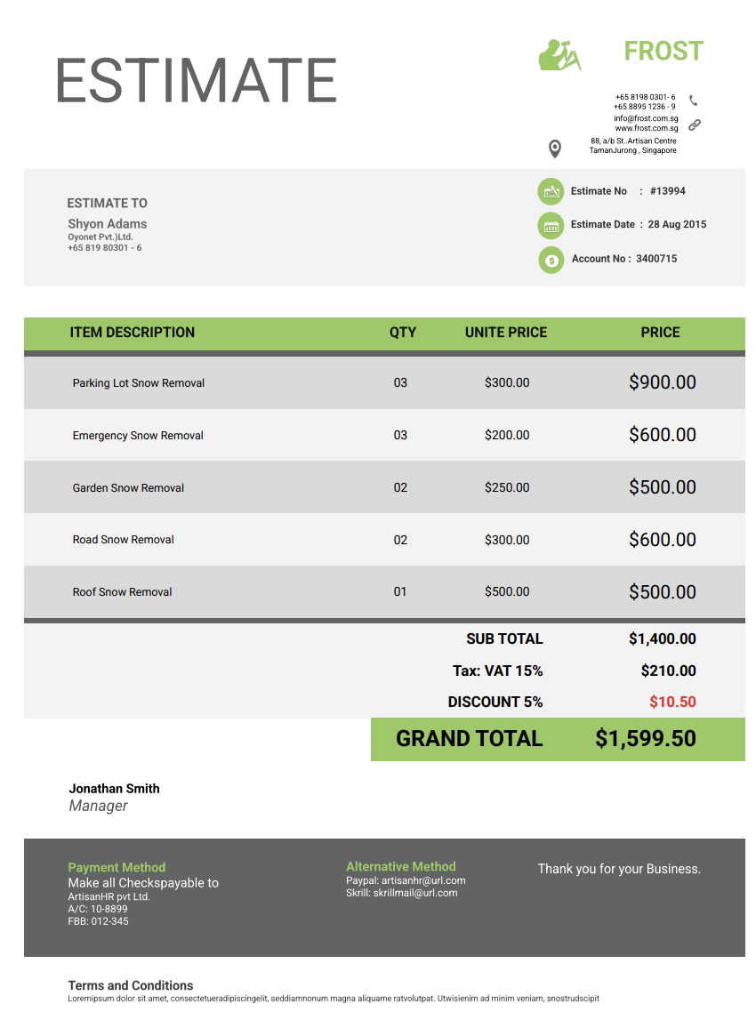 Free snow removal estimate template