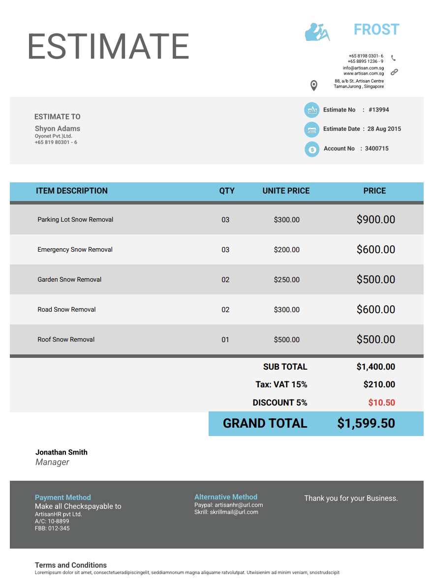 Free snow removal estimate template