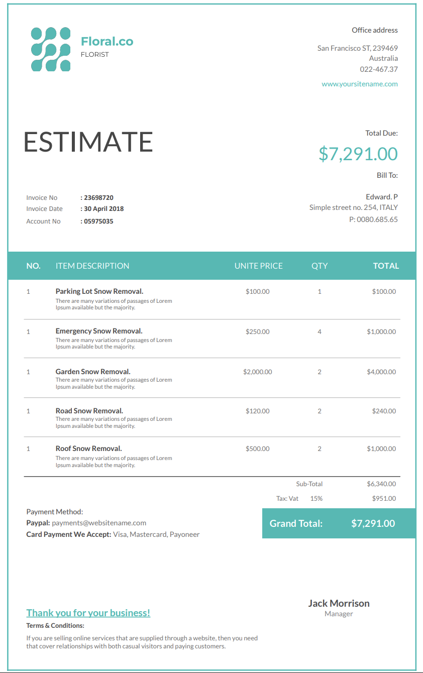 Free snow removal estimate template