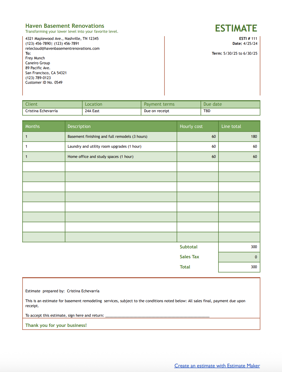 free basement remodeling estimate template