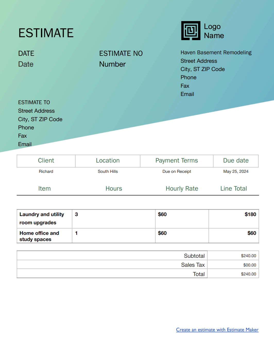 Free basement remodeling estimate template