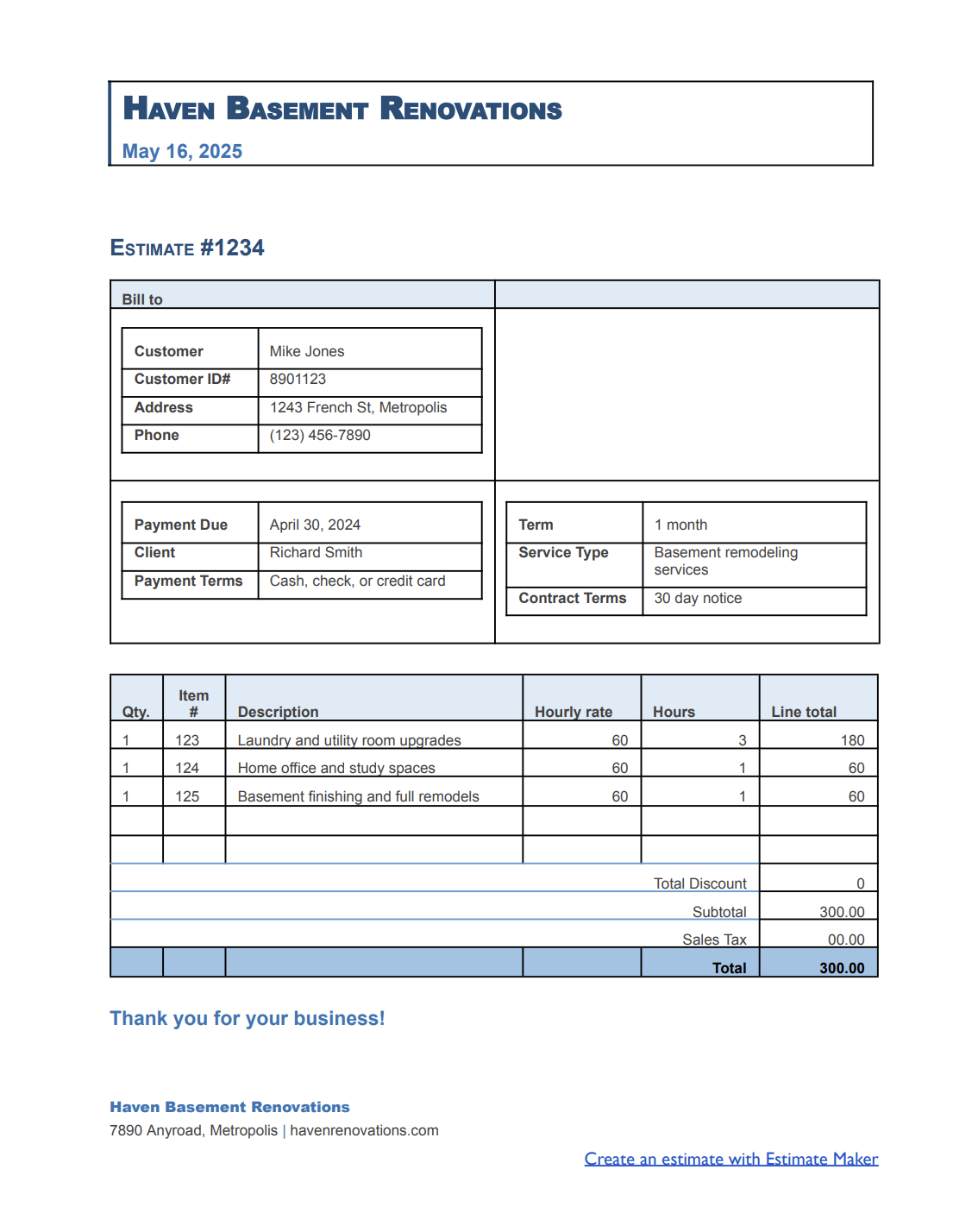 Free basement remodeling estimate template