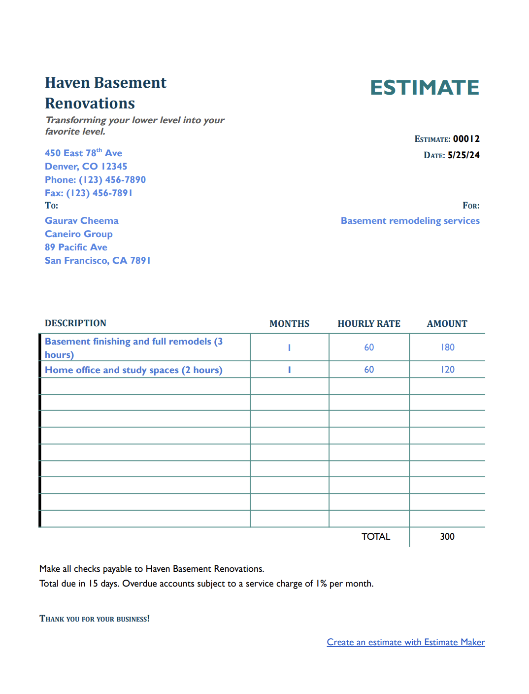 Free basement remodeling estimate template
