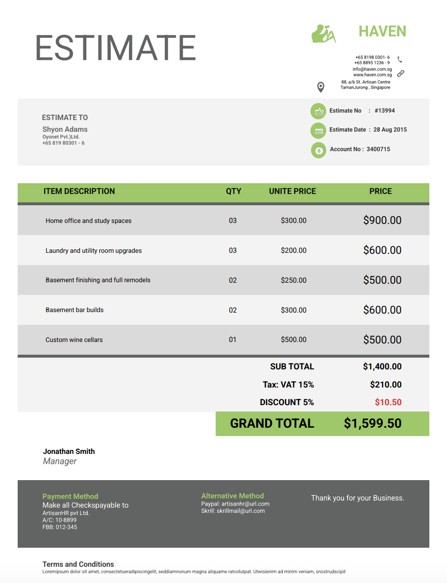 Free catering estimate template