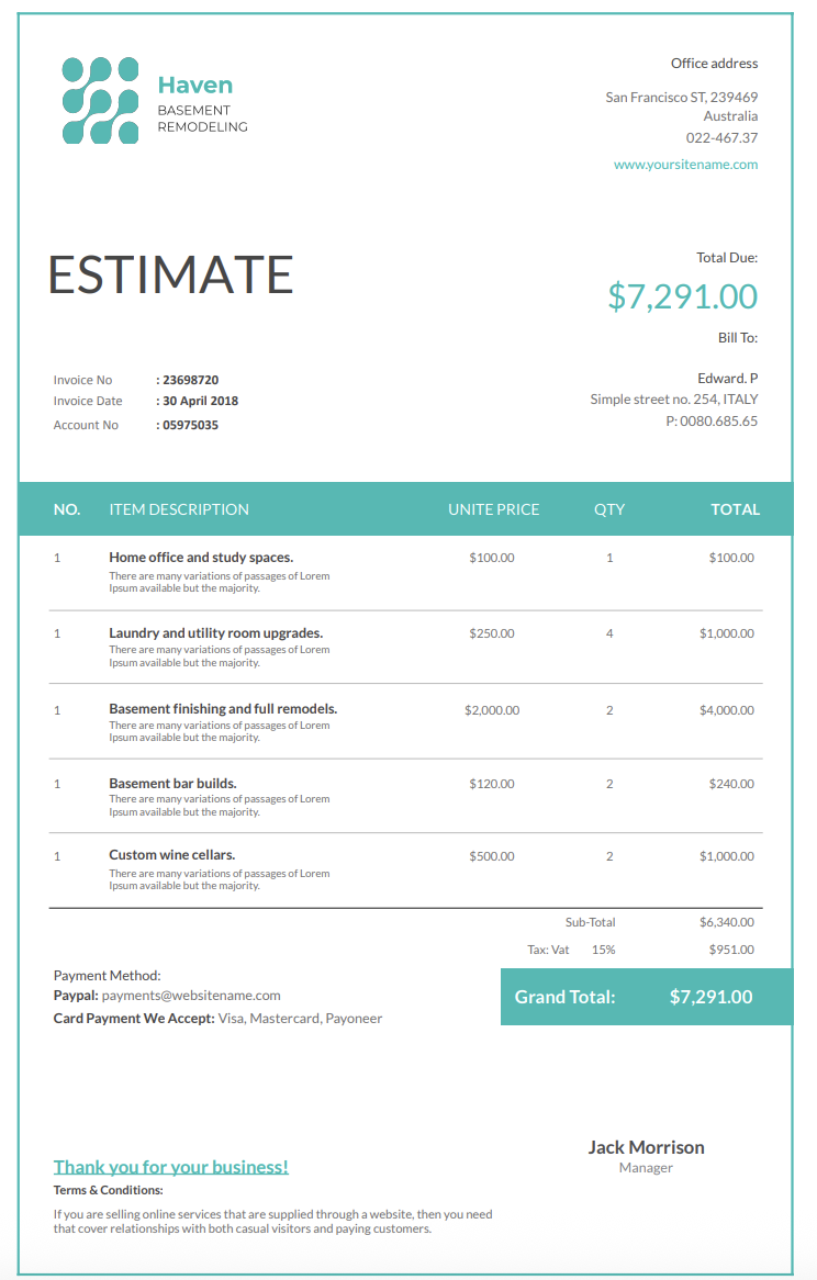 Free basement remodeling estimate template