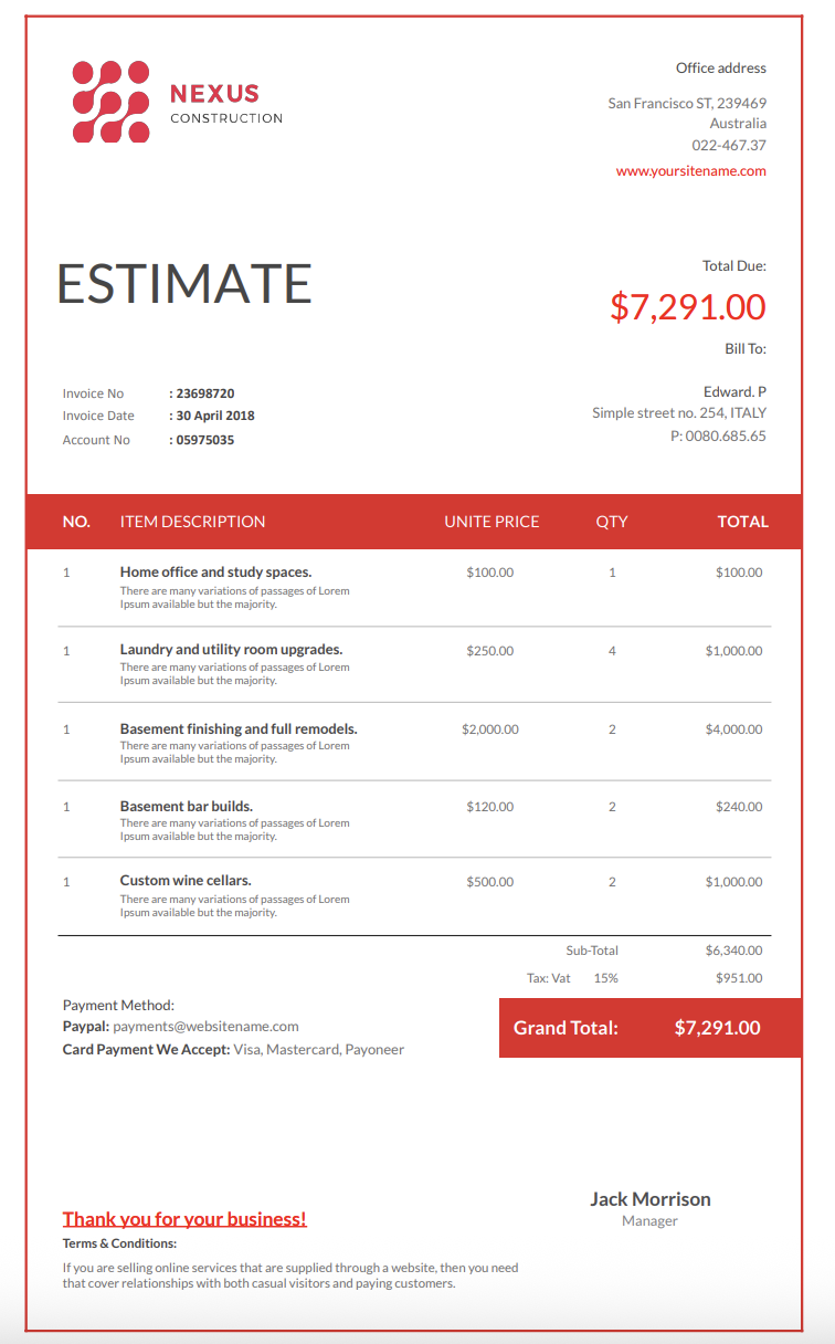 Free basement remodeling estimate template