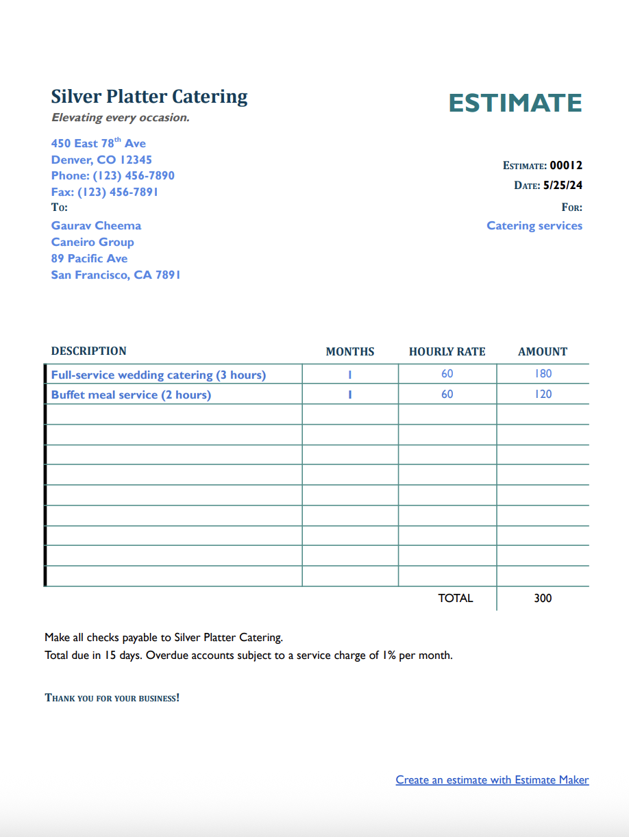 Free catering estimate template
