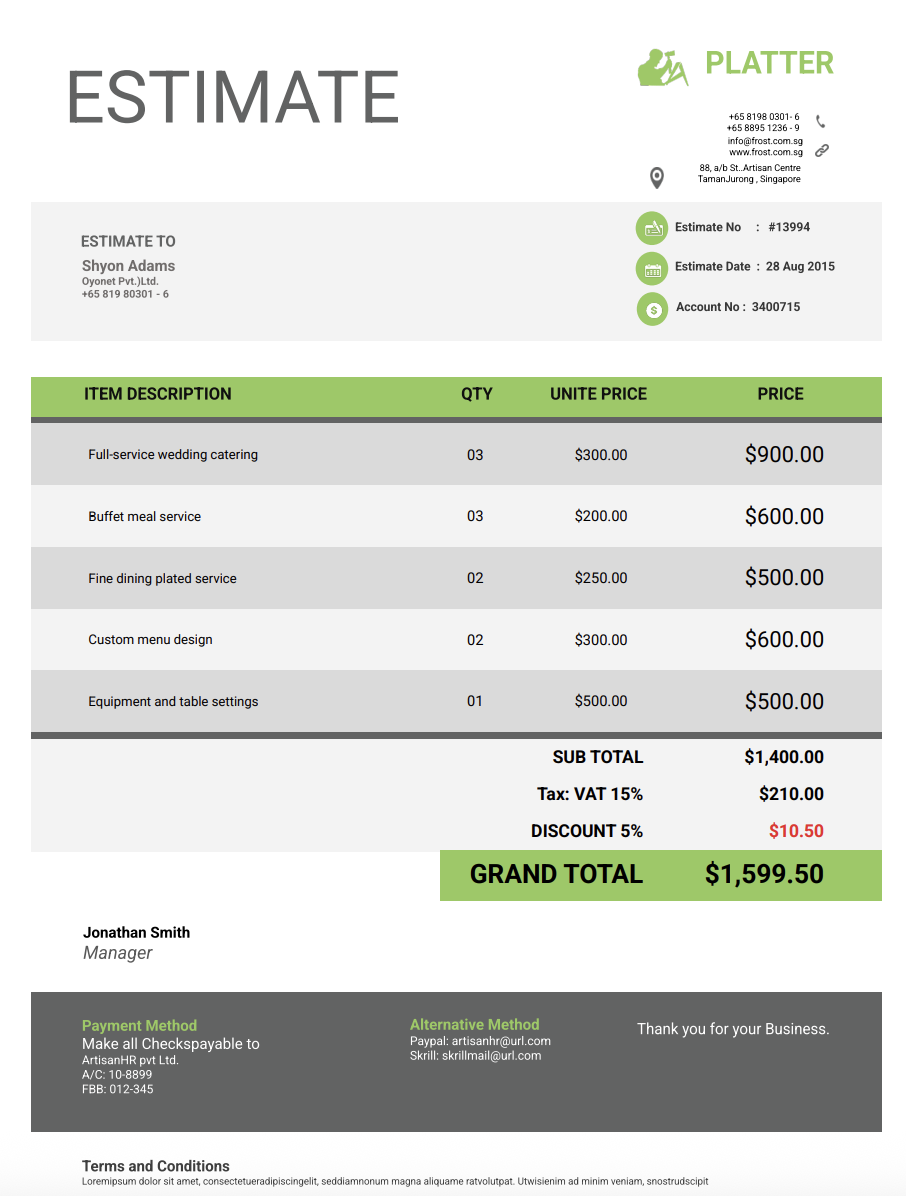Free catering estimate template