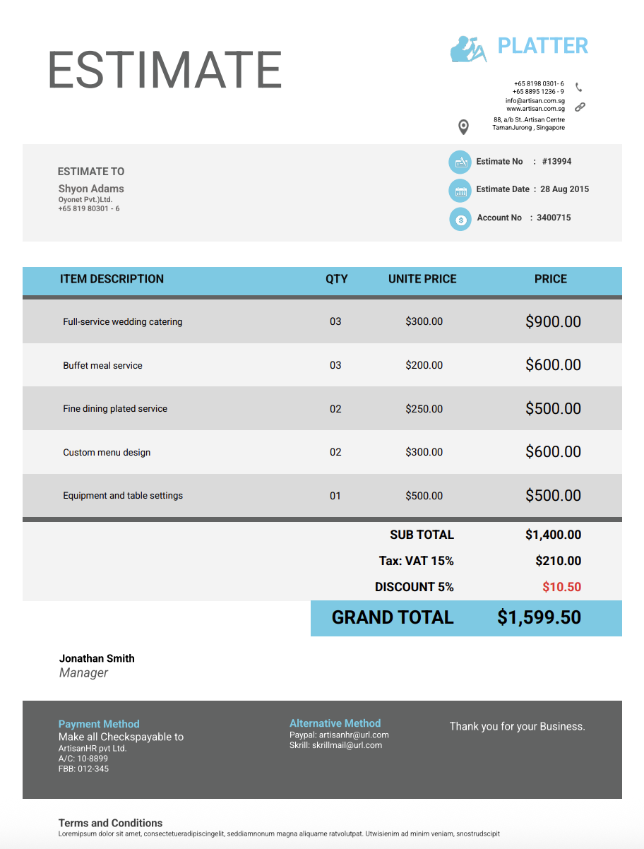 Free catering estimate template