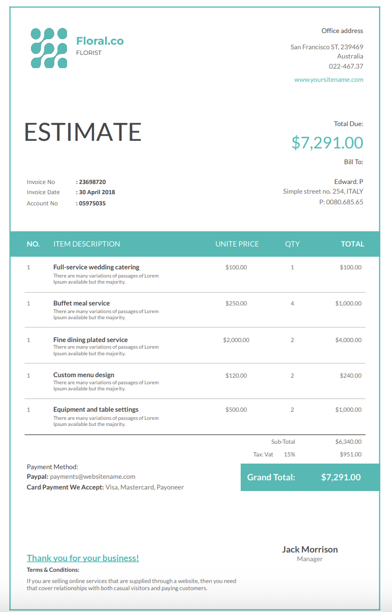 Free catering estimate template