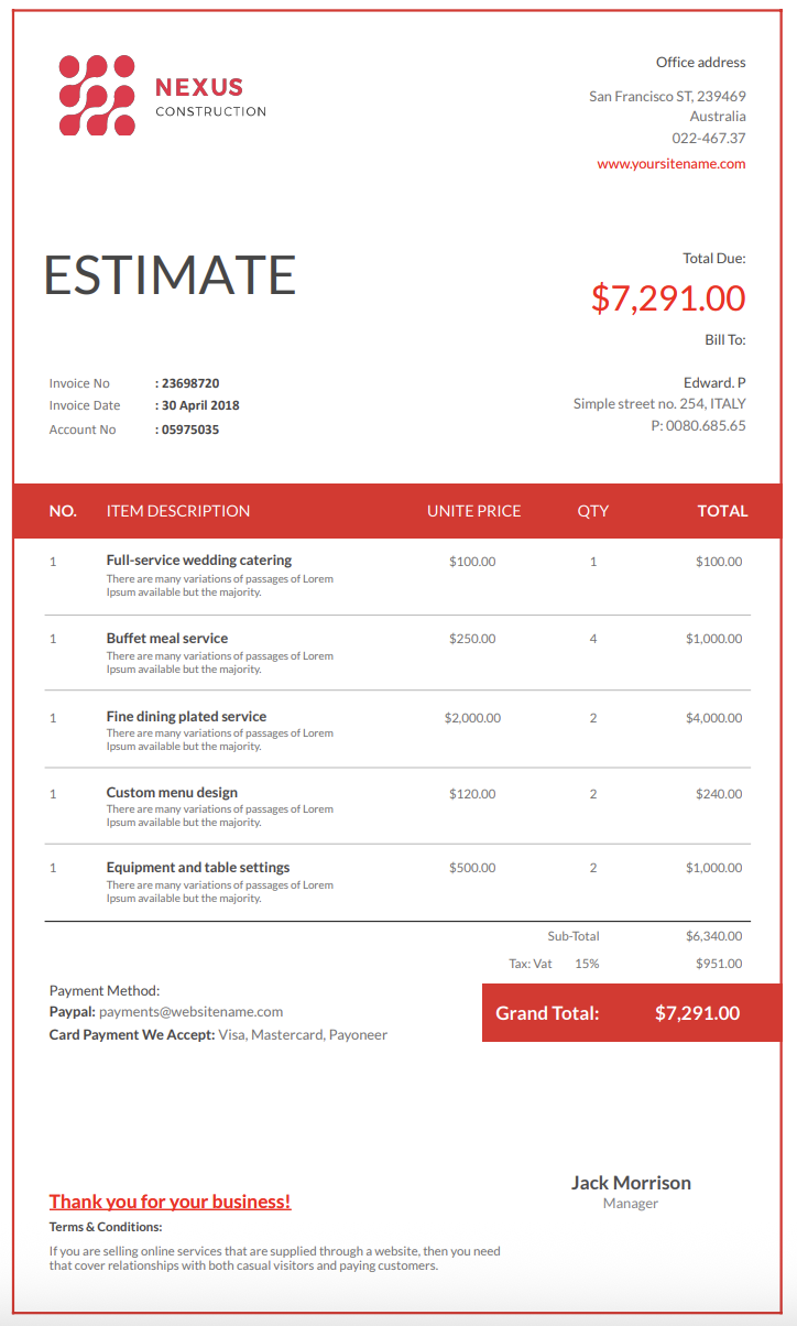 Free catering estimate template