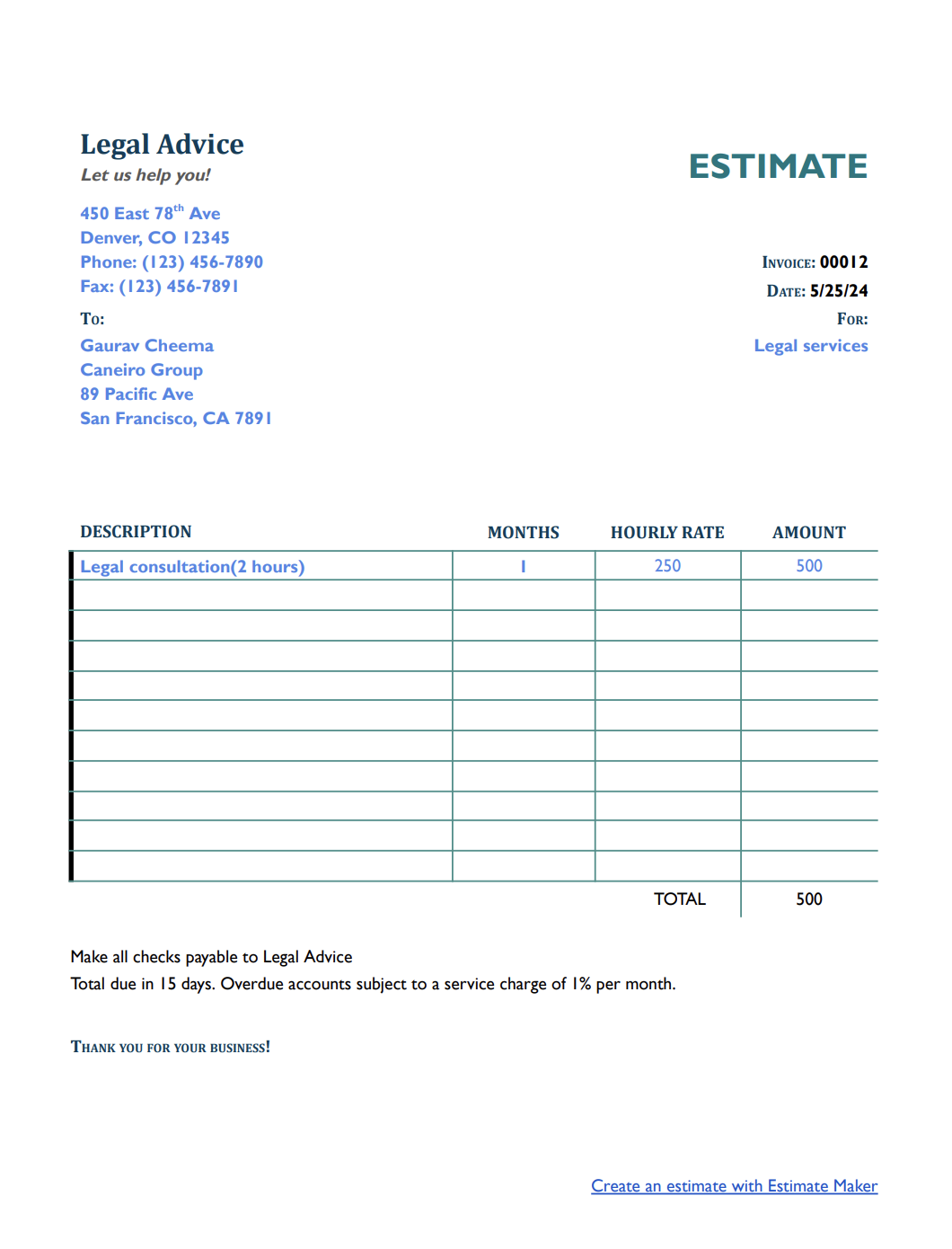 Free legal services estimate template