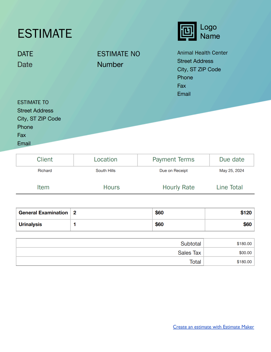 Free veterinary estimate template