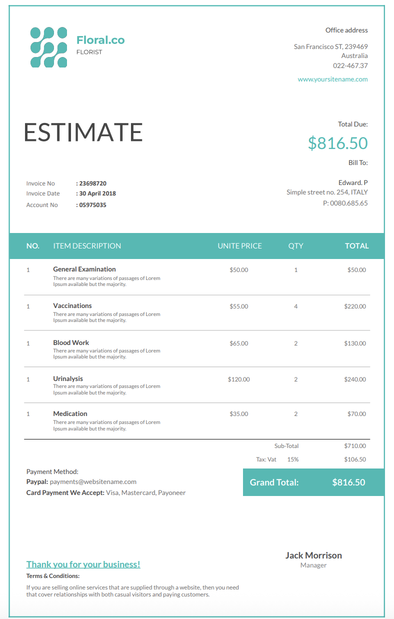 Free catering estimate template