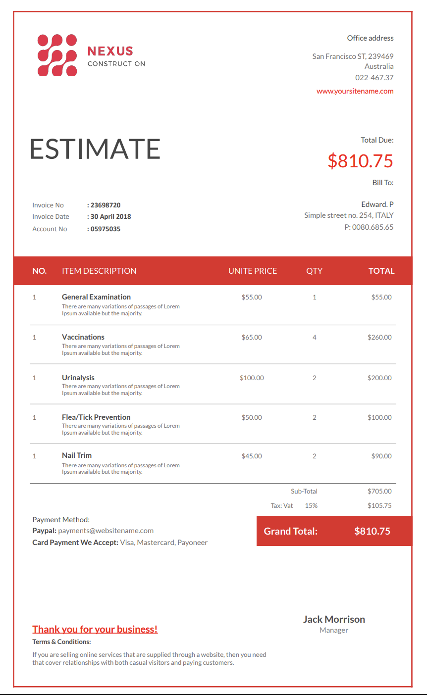 Free catering estimate template